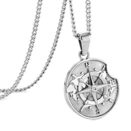 murtoo Men's Necklace with Compass Pendant for Men, Silver Gold Coin Plate Chain for Men Women, Stainless Steel Necklace Gift for Men Women, Stainless Steel
