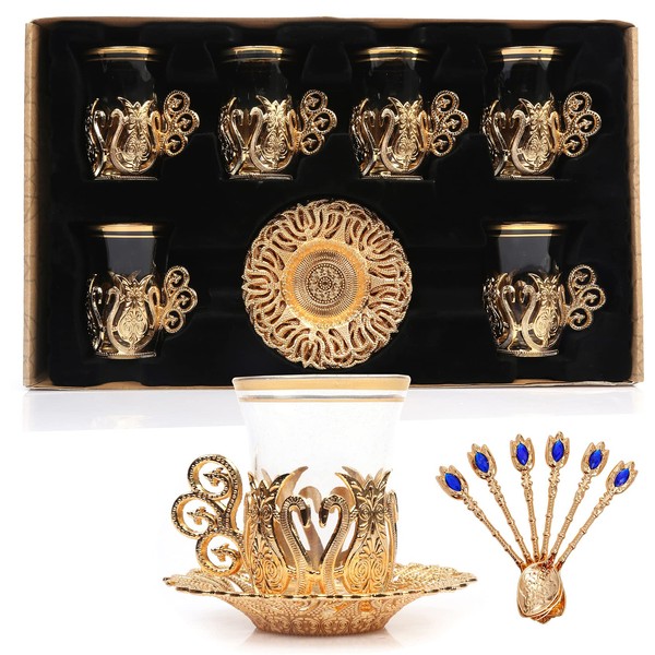 Alisveristime (SET OF 6) Handmade Turkish Tea Water Zamzam Serving Set Glasses Saucer and Spoon (Ottoman) (Gold)
