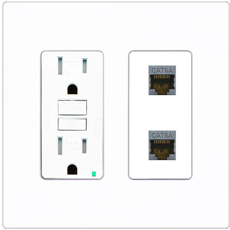 RiteAV 2 Port Cat6A Wall Plate - GFCI Outlet [Screwless