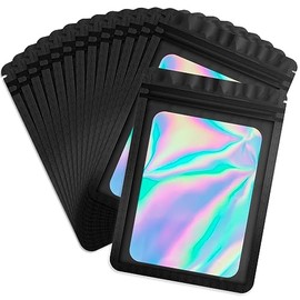 Durimoiy 100 Pack Black Zip Bags Holographic Bags Resealable Bags for Small Business with Front Window, Sample Baggies Sealable Mylar Bags for Party Favor (14 x 20 cm)