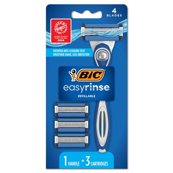 BIC EasyRinse Anti-Clogging, Refillable Men's Razors With 4 Blades, 1