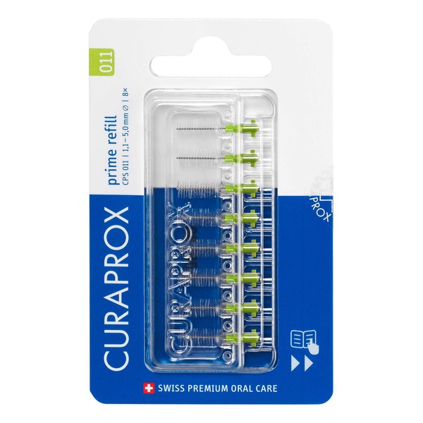 Curaprox Interdental Brushes CPS 011 Prime Refill, Pack of 8, 5 mm Effectiveness, Green, Refill, without Holder