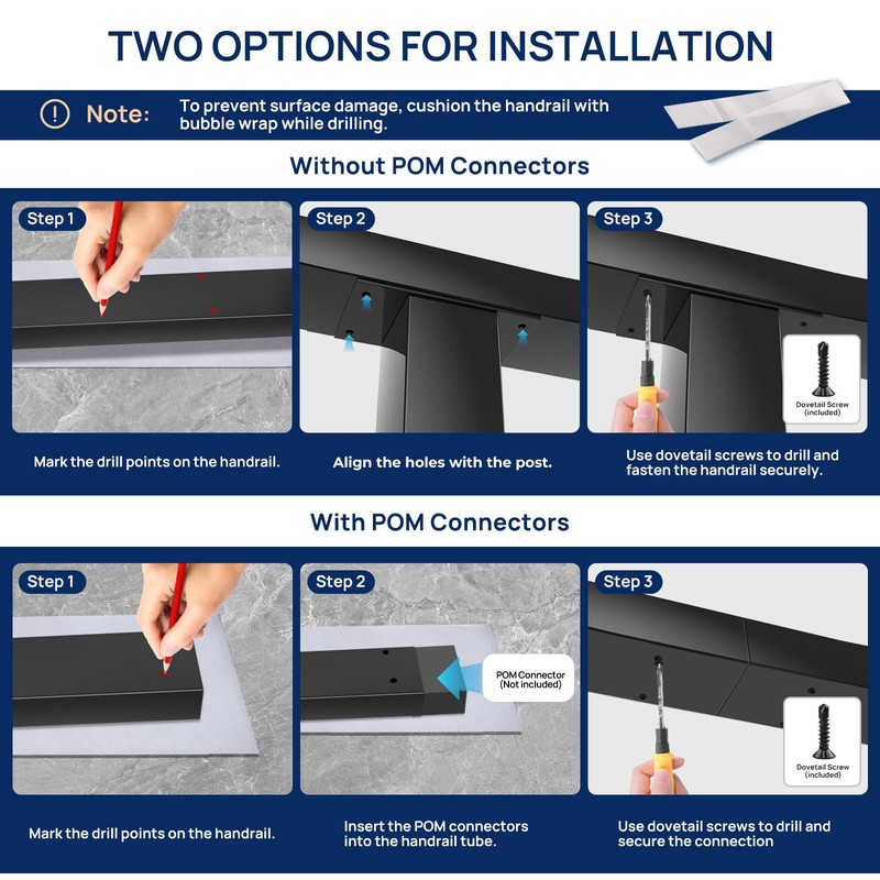 2 Pack 6' Aluminum Black Handrail with Nylon End Caps