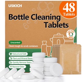 USKICH Water Bottle Cleaning Tablets-48 Pack, Bottle Bright Cleaner Tabs for All Stainless Steel, Hydration Bladders, Thermos and Glass Drinking Containers,Natural Ingredient Removes Stubborn Stains & Odors
