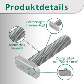 DSM - M8 x 40mm Hammer Head Screws - A2-70 Stainless Steel - Type 28/15 - for Mounting Rails, Photovoltaic, Solar Panels, PV Brackets, C Profile, Solar Mounting and Greenhouses, Pack of 25