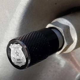 Tricktoppers Vivid Black Anodized Billet Aluminum Tire Wheel Valve Stem Dust Caps For Cars Trucks Trailers SUV's RV's Motorcycles Bikes More (Set Of 4) Silver Police Badge On Black