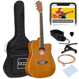 Best Choice Products 41in Full Size Beginner Acoustic Guitar Set with Case, Strap, Capo, Strings:_Dark Brown