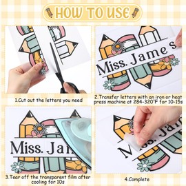 Glenmal 10 Sheets DTF Transfers Teacher Iron on Heat Transfers Custom Teacher Name Letters Stickers Iron on Decals Appreciation Tote Bag Backpack Gift Clothing Hats DIY Crafts (Elegant Style)