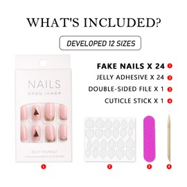Christmas Press On Nails Short Square - 3D Rhinestone Christmas Tree Design, Pink Base with Golden French Tips, Stick On Nails, 24pcs Nail Kit with Adhesive, Elegant Holiday Nail Art