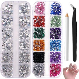 XKDOUS 3800 Pieces Rhinestones for Nails, Glitter Stones and AB Crystal Rhinestones, Nail Gemstones with Tweezers and Pen Suitable for DIY Nail Decorations and Other Artistic Decorations