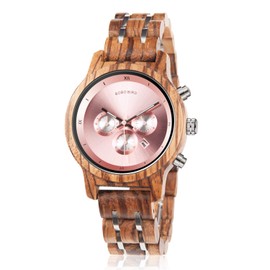 BOBO BIRD Women Wooden Watches Luxury Wood Metal Strap Chronograph & Date Display Quartz Watch Fashion Zebra Wood Casual Business Ebony Wristwatches (Zebra-Pink)