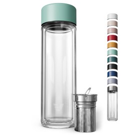 EVER VESSEL Glass Multi Tea Infuser Bottle 14oz - Double Wall Borosilicate Glass Flask | No Plastic Touches Contents | Perfect for Office or Home - Light Green