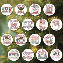 Shellwei 36 Pcs Groovy Hippie Christmas Ornaments Retro Christmas Hanging Ornaments Boho Vintage Xmas Tree Decor Groovy Hippie Wooden Ornament Santa Snowmen Wood Sign for Winter Holiday(Classic)