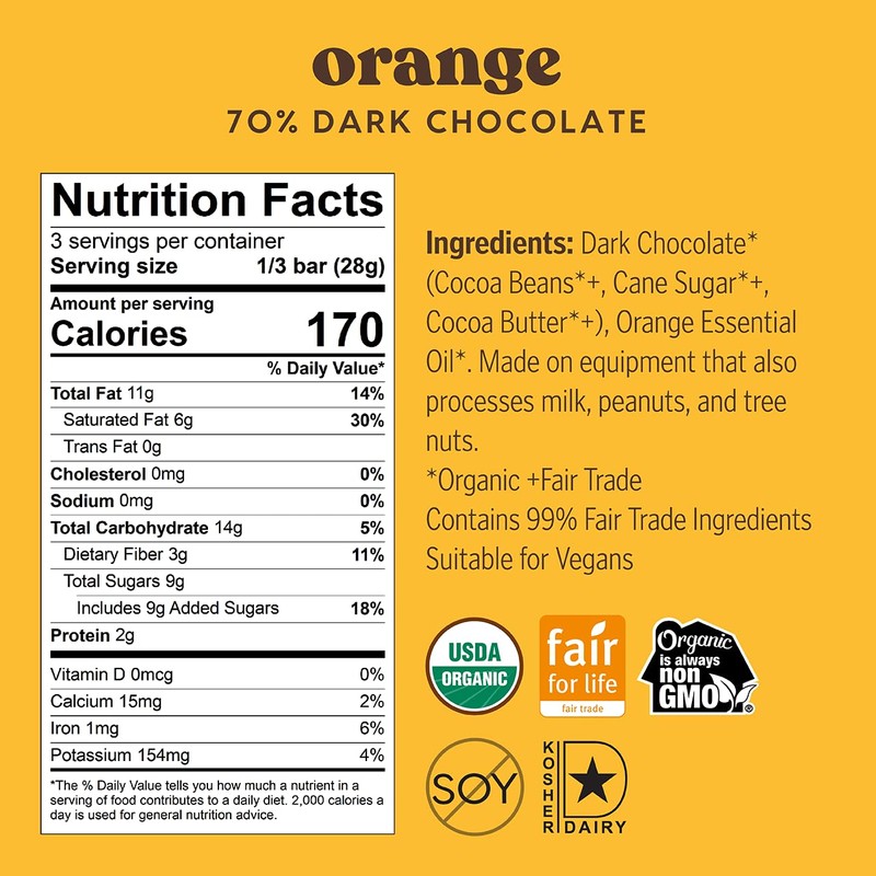 Theo Chocolate Orange Organic Dark Chocolate Bar, 70% Cacao, 12