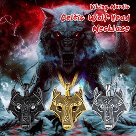 FaithHeart Mens Viking Norse Wolf Head Necklace for Men Norse Amulet Pendant Charms Celtic Pagan Jewelry Pewter Gift Arrow Headed-Black