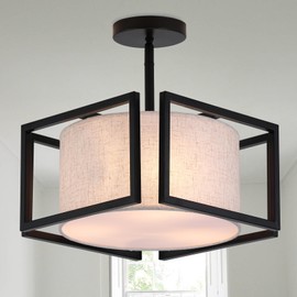 Vexagyle 3-Light Semi Flush Mount Ceiling Light Fixture,12.6”Modern Close to Ceiling Light with Fabric Linen Shade Black Metal Frame,Entryway Light Fixtures Ceiling Hanging for Bedroom Hallway