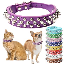 Purple Spiked Collar for Dogs, Girl's Spike Puppy Collars Leather Mushrooms Rivet Female Studded Cat Collars Adjustable for Kitten XXS XS S Medium Large Dogs, X-Small