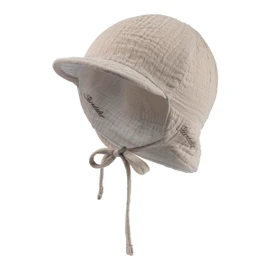 Sterntaler Reversible Peaked Cap with Neck Protection and Tie Strap - Baby Hat Made of Muslin - Peaked Cap with Cut Ear Flaps and Tie Band - Boys Baby Hat, beige