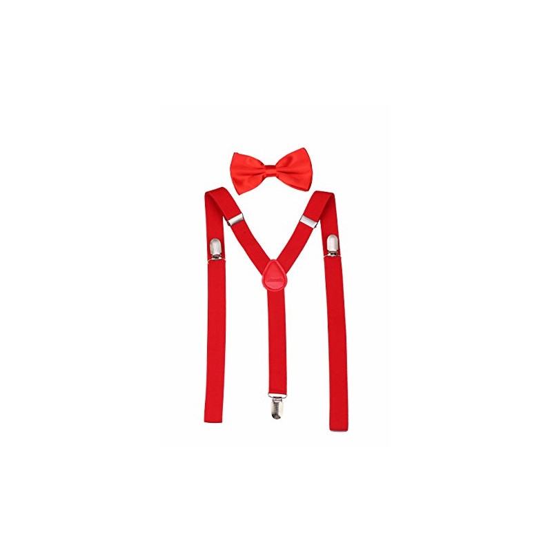 Men's Classic Solid Suspenders Matching Bow Tie Set Braces (Red)