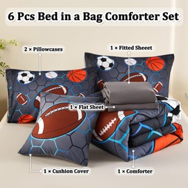 ASKOTU 6 Pcs Sports Bedding Set for Boys Full Size, Basketball Baseball Football Soccer Bedding Boys Comforter Set with Sheets