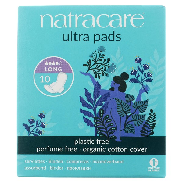 Natracare Slim Fitting Ultra Pads with Wings, Long, Made with Certified Organic Cotton, Ecologically Certified Cellulose Pulp and Plant Starch (12 Pack, 120 Pads Total)