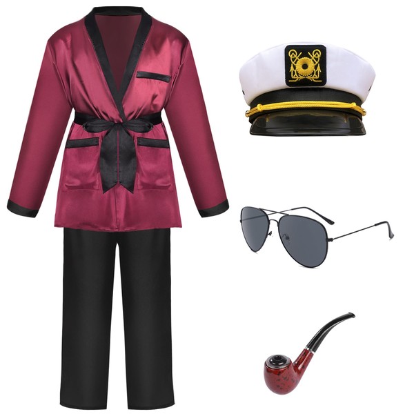 Mprocen Captain Costume, Red Silk Jacket and Black Trousers, Captain