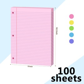 Pink Loose Leaf Paper 100 Sheets Colored Filler Paper 8 * 10.5 College Ruled 3-Hole Punched Paper for 3-Ring Binders Notebook Lined 8" x 10.5"