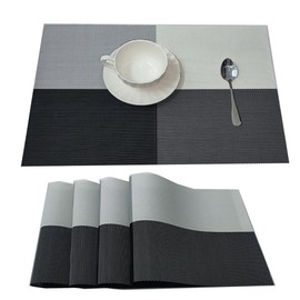 Heat Resistant Placemats Set of 4, Black with White Non-Slip Washable PVC Mats for Dining/Kitchen Table, Modern Woven Vinyl Placemats