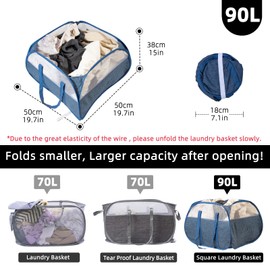 HEDONLEE Collapsible Laundry Basket, 90L Foldable Pop-up Laundry Hamper with Reinforced Handles, Tear Proof Mesh Dirty Clothes Hamper for Laundry (Blue, 2PCS)