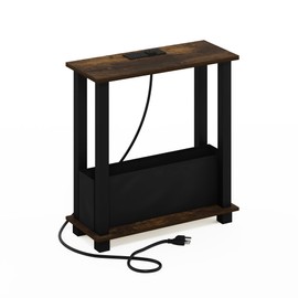 Furinno Turn-S-Tube 2-Tier Slim Side Table, End Table with Bin Drawer, USB and Type-C Charging Port, Amber Pine/Black/Black