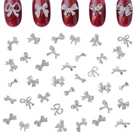 Bow Nail Charms, Pack of 100 Silver Alloy Bow Nail Charms, Bow Tie Nail Gemstones, Metal Nail Art Decorations, Accessories for Manicure Design, DIY Crafts (F Silver)