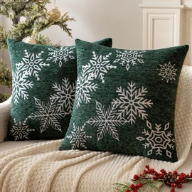 MIULEE Pack of 2 Christmas Dark Green Decorative Throw Pillow Covers 18x18 Inch Soft Chenille Pillow Cases with Snowflake Embroidery Farmhouse Couch for Home Decor Sofa Bedroom