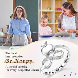 FLYOW Teach Love Inspire Ring for Teachers from Students 925 Sterling Silver Infinity Apple Rings for Women Teachers' Day Gifts Adjustable Size Inspirational Band Ring, 7, Sterling Silver, 925