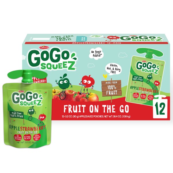 GoGo squeeZ Fruit on the Go, Apple Strawberry, 3.2 oz (Pack of 12), Unsweetened Fruit Snacks for Kids, Gluten Free, Nut Free and Dairy Free, Recloseable Cap, BPA Free Pouches