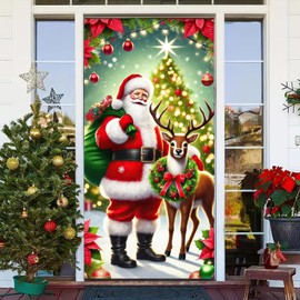 BlissYard Christmas Door Cover Hanging Cover Banner Reindeer Snowflake Santa Backdrop Santa Reindeer Door Banner Xmas Backdrop Photography Background Front Door Decoration New Year Party Supplies ​