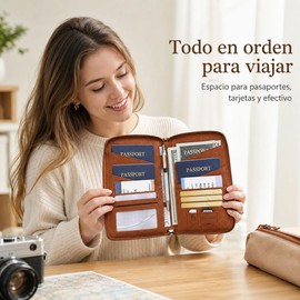 Porta Pasaporte de Cuero PU con Bloqueo RFID y Gran Capacidad (Marrón)