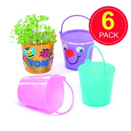 Baker Ross EF662 Mini Plastic Buckets, Ideal for Children to Paint Decorate & Grow Seeds in, Perfect for Indoor or Outdoor Use (Pack of 6)