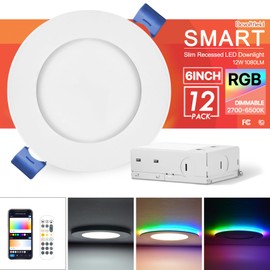 Dcvoltfield 12Pack Smart RGB Recessed Light 6Inch,Ultra-Thin Canless LED Downlight,2.4GHz Wi-Fi Bluetooth Direct Connect,2700K-6500K,12W,1080LM,Work with App/Alexa/Google Assistant/Siri