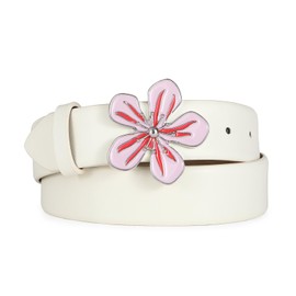 RISANTRY Women’s White Belt with Flower Buckle Cute Pink Blossom White Belt for Dresses, Jeans, Outfits