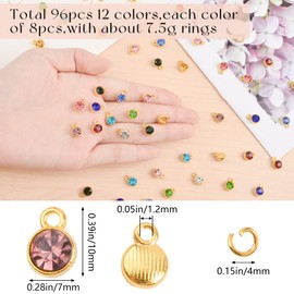 URROMA 96 Pcs Crystal Birthstone Charms Beads, 12 Colors Crystal Charms Pendant for Jewelry Making Crystal Charms for Bracelet Necklace Making, Gold