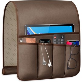 Remote Control Holder for Armchair, Couch Caddy Organizer TV Remote Holder for Bed Storage 5 Pockets, Remote Caddy Bedside Organizer Bedside Table Organizer (Brown, 35"x12.4")