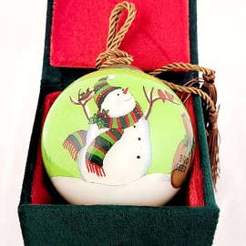 Snowman Feeds Birds - Intricate Inside-Painted Glass Ornament – Festive Décor for Thanksgiving and Christmas, Unique Ornament, Luxury Gift Box