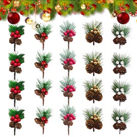 20 Pack Artificial Pine Picks, Christmas Red Berries Pine Cones Stems, Xmas Pines Needles Holly Berry Stems, Small Fake Berries Pine Cones for DIY Xmas Wreaths, Garlands, Centerpieces, Home Vase Decor