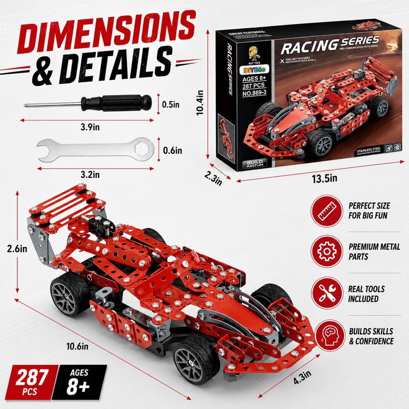 DIYBee Metal Model Car Kit, 287 Pcs STEM Building Toy
