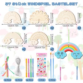 Wind Chime Craft Set Children 57 Pieces, Rainbow Crafts Children's Birthday, Rainbow Wooden Wind Chime Crafts with Hanging Wind Chimes, Wooden Crafts Children for Girls/Boys DIY Birthday Crafts