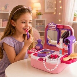 Toylink Toddler Vanity Makeup Set, Kids Portable Makeup Kit with Mirror Hairdryer Pretend Princess Toys Real Cosmetic Set, All-in-1 Play Purse, Birthday Gifts for 3 4 5 6 Years Old Girls