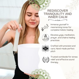 SOUNDELLO White 8 inch A Note Third Eye Chakra Quartz Crystal Singing Bowl, for Healing Mindfulness Meditation Yoga Sound Baths, with Case Rubber Mallet