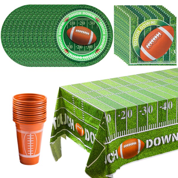 JOYIN Football Game Day Party Supplies Pack-18 Football Themed Cups, 18 Plates (9 inches), 36 Napkins and 2 Tablecloths Football Party Decorations