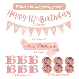 16th Birthday Party Decorations Girls - Rose Gold Happy Birthday Banner Decor Set with Bunting, Sweet Sixteen Sash Number 16 Hanging Swirls for 16 Years Old Party Supplies