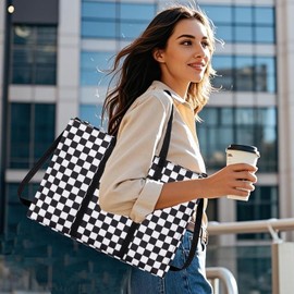 Laptop Tote Bag for Women Work 15.6 inch Canvas Shoulder Bags Computer Messenger Purse Teacher Handbag Office Briefcase, Black-white Checkered, Large